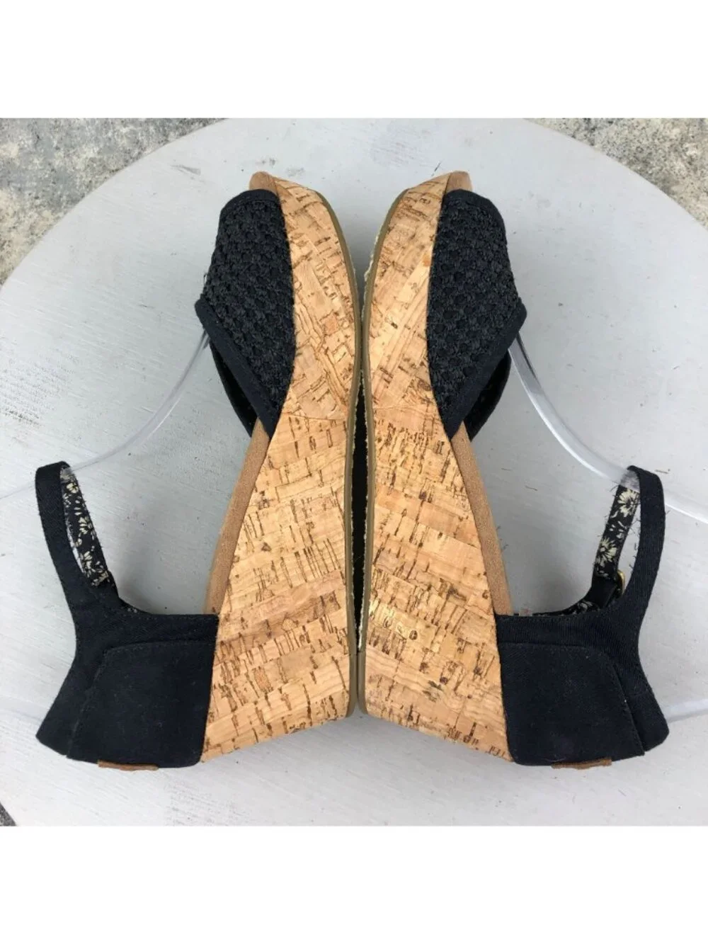 Toms Women's Size 8.5 Black Open Toe Ankle Strap High Heel Cork Wedges Sandals